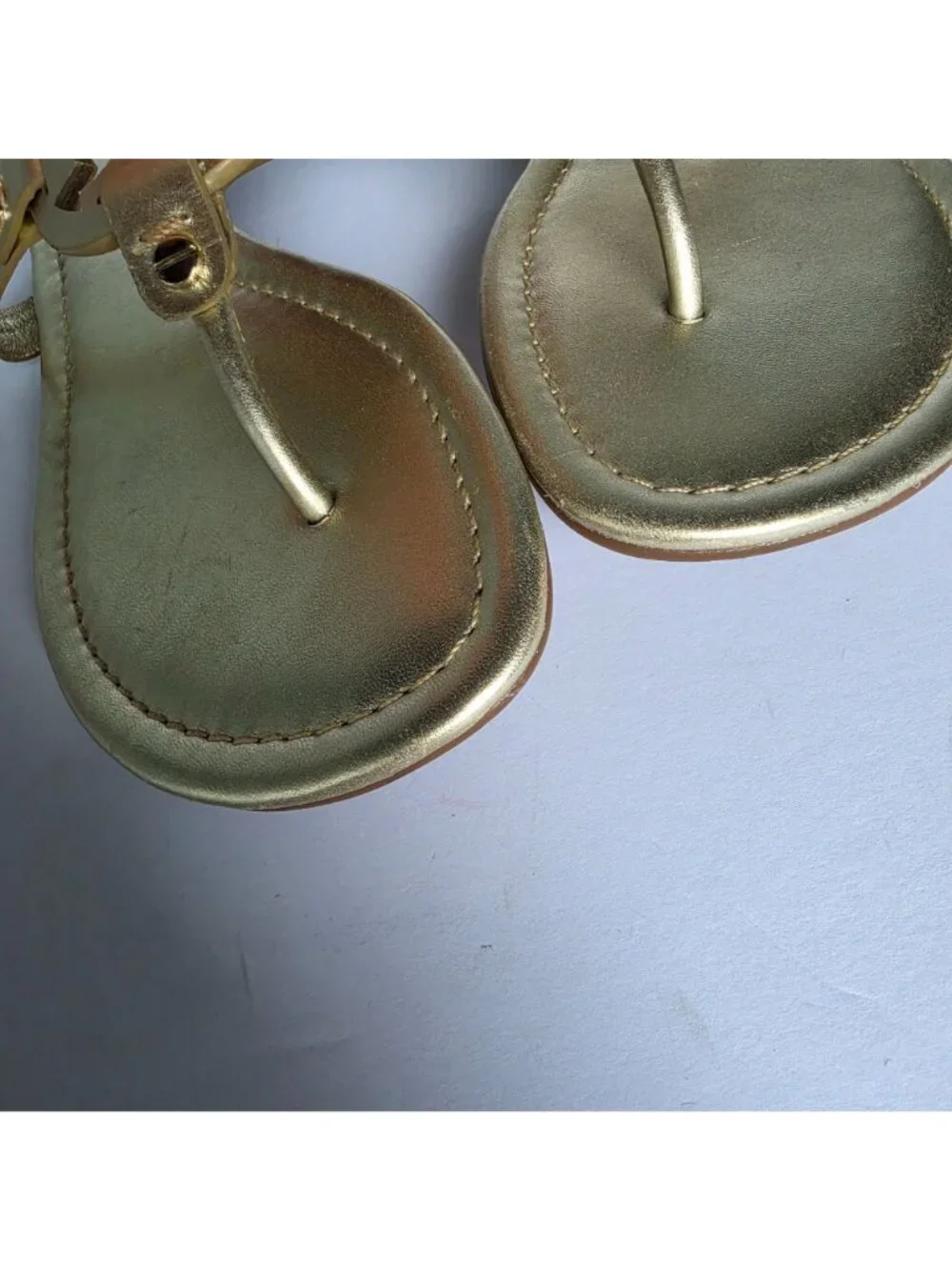 Tory Burch Miller Metallic Gold Leather Vacation Thong Sandals Logo Slide. Sz 9M